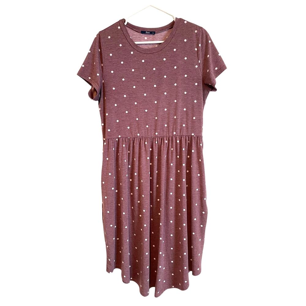Simier Fariry Burgandy Polka dot Casual Dress Short Sleeve Pockets Pleated Large